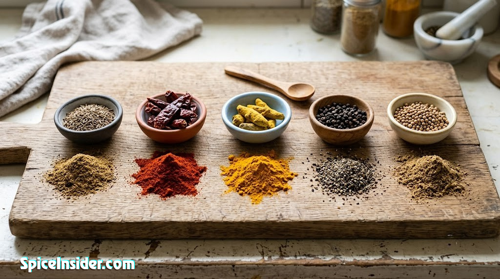 Side by side comparison of whole spices in small bowls next to mounds of freshly ground spice powder on a wooden board